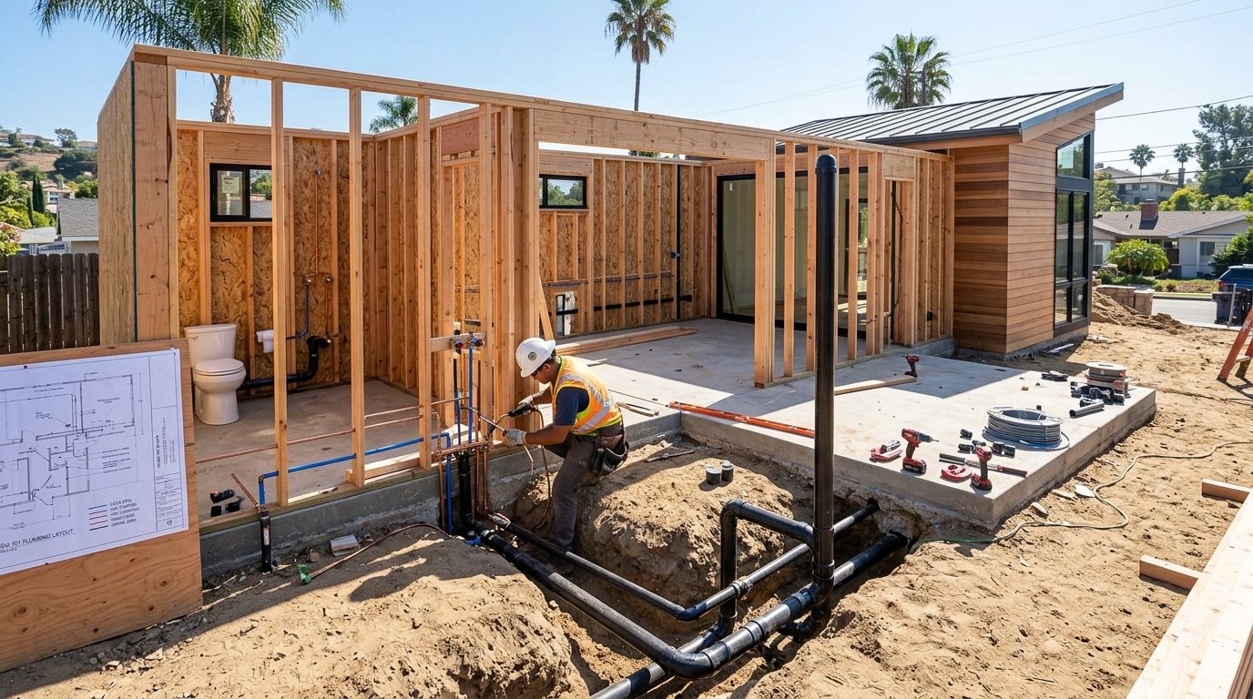 Plumbing rough-in installation for an ADU in Los Angeles
