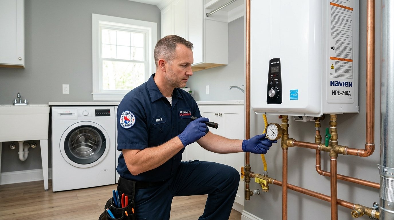 Licensed Aquavo Plumbing technician performing preventative home plumbing maintenance and water heater pressure checks