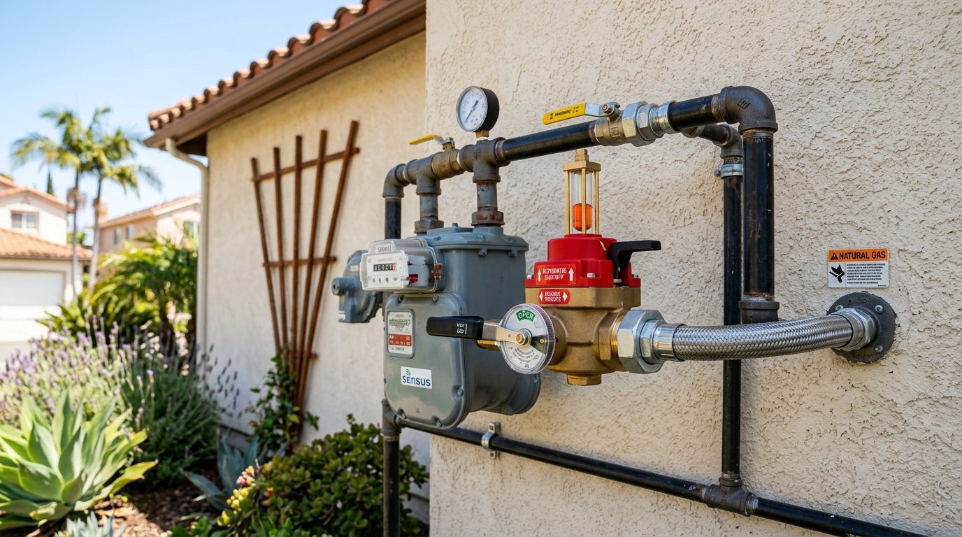 Automatic seismic earthquake natural gas shutoff valve installed on residential meter in Los Angeles