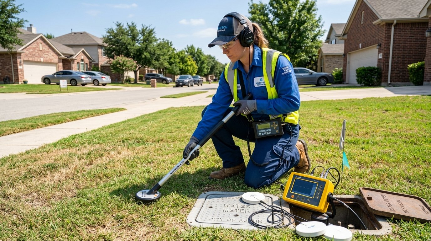 Technician detecting underground water pipe leak with acoustic sensors