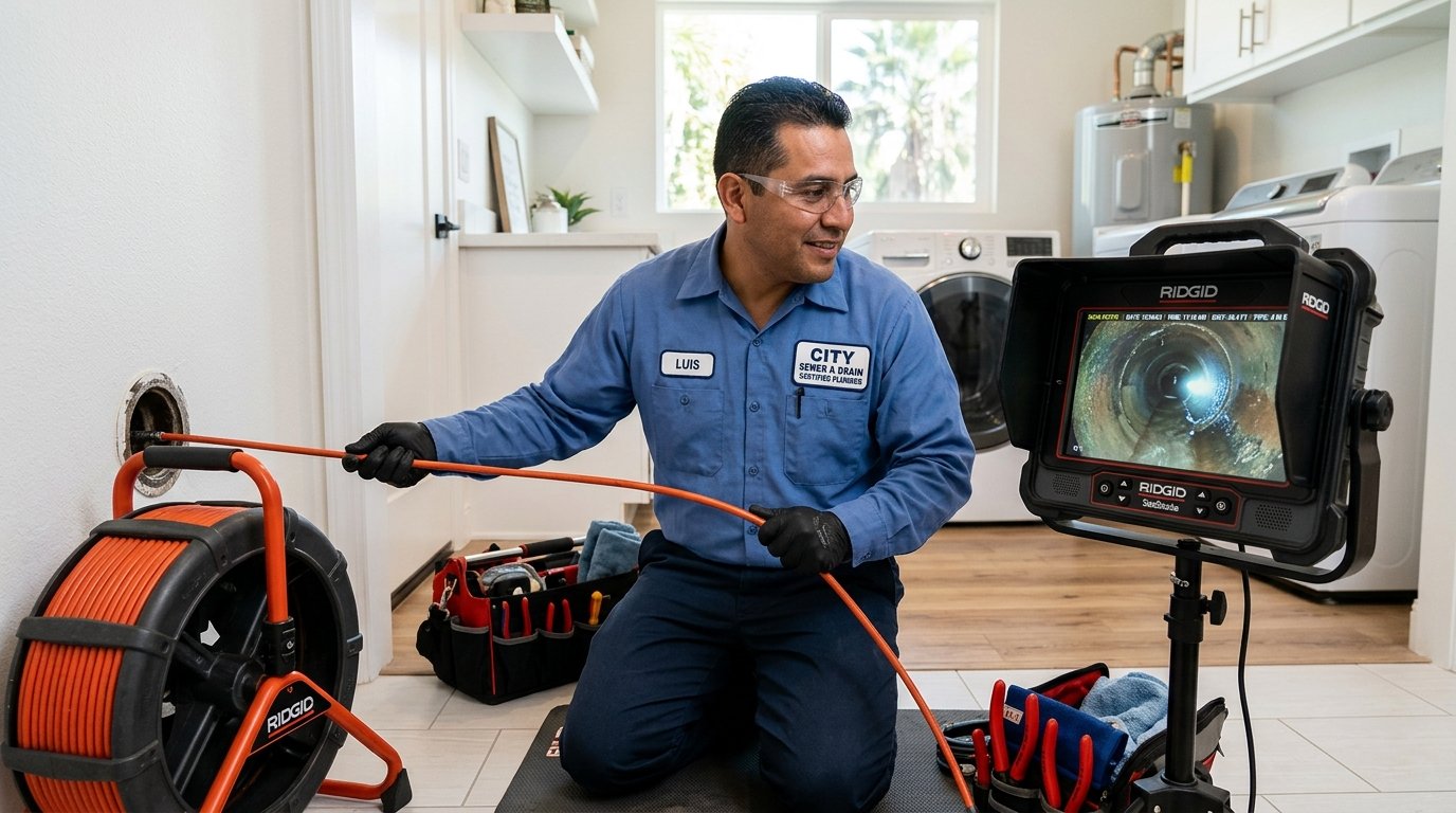 Certified plumber conducting a high-definition plumbing camera inspection and sewer lateral scan in a Los Angeles home