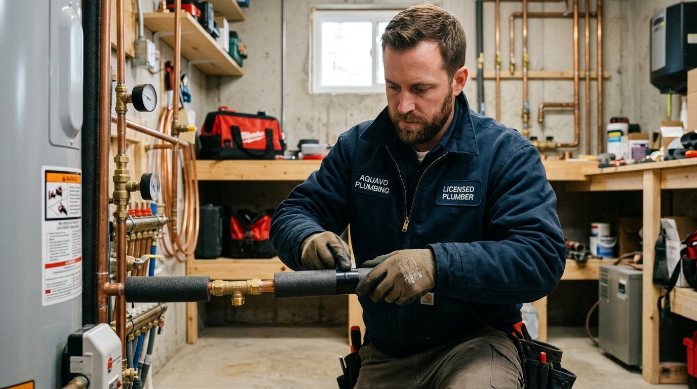 Licensed Aquavo Plumbing technician performing pipe repair plumbing and fixing a plumbing pipe leak