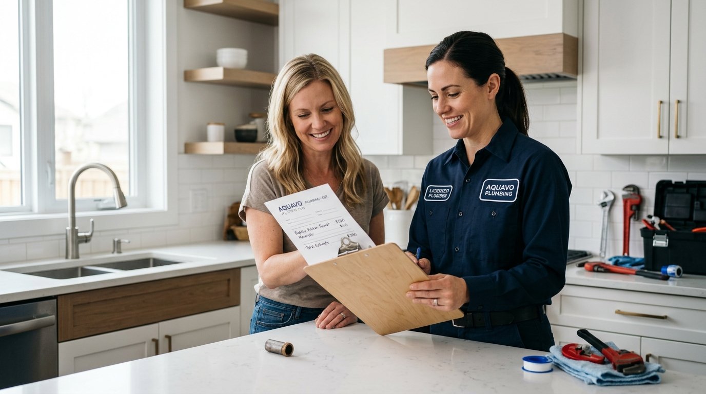 Licensed Aquavo Plumbing technician presenting an upfront written plumbing quote and estimate to a Los Angeles homeowner