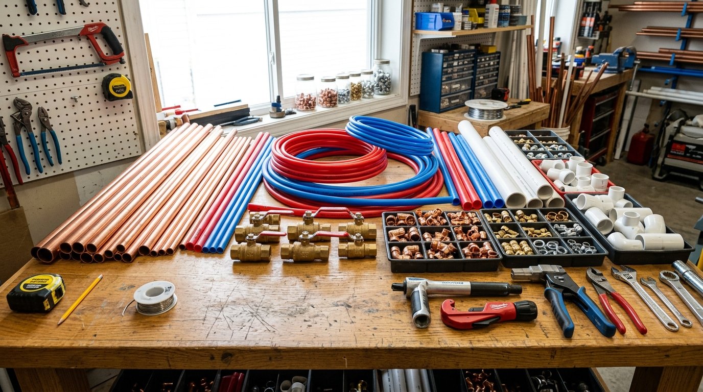 Display of modern plumbing pipes and fittings including copper piping, PEX tubing, PVC drainage fittings, and brass ball valves