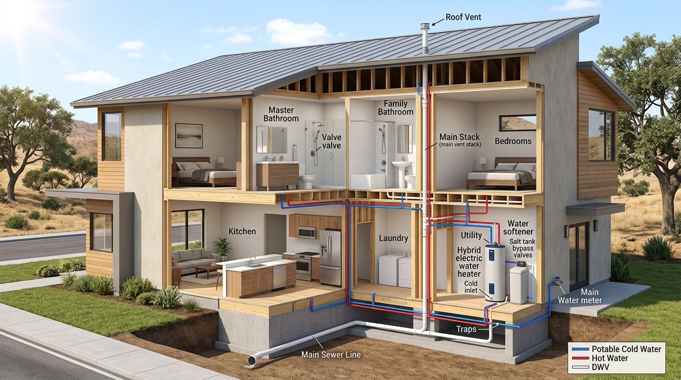 Cutaway architectural diagram showing complete residential plumbing systems including potable water supply, DWV drainage, and water heater