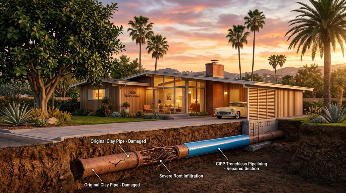 1950s San Fernando Valley mid century ranch home plumbing infrastructure showing clay sewer pipes and roots