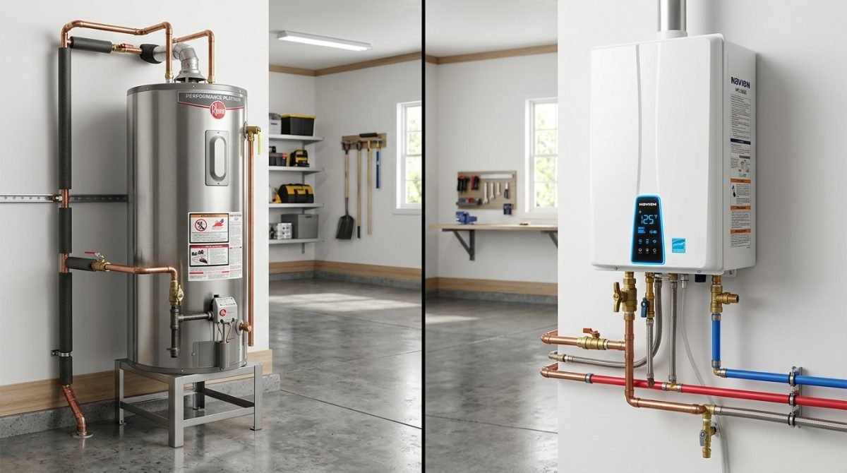 Tank vs tankless water heaters technical comparison showing footprint, energy efficiency, and lifespan in Southern California