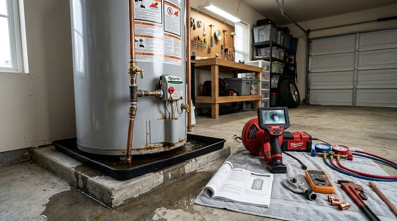 Plumber diagnosing water heater leaking in residential garage