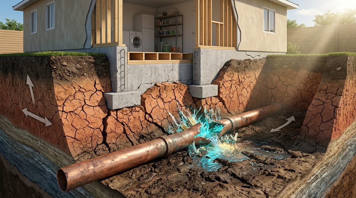 Geological stress diagram showing adobe clay soil swelling, seismic fault lines, and Los Angeles plumbing vulnerability